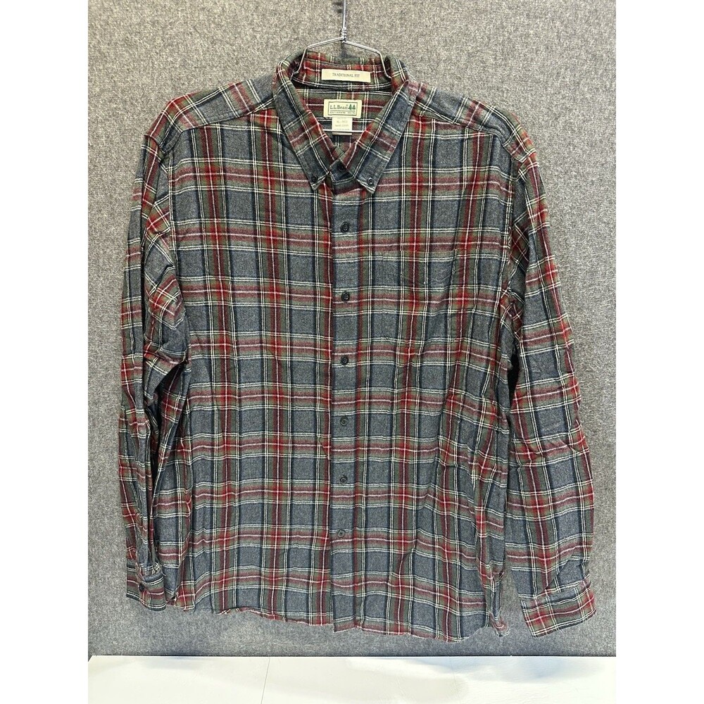 LL BEAN Scotch Plaid Flannel Shirt Traditional Fit Grey and Red Mens XL Reg
